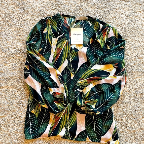 Womens Casual Loose Shirt Balloon Sleeve V-Neck Blouse Tropical Floral Sz Small - Picture 2 of 8